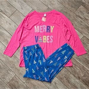 Sleep Chic Merry Vibes Pink and Blue PJ Set Size 1X